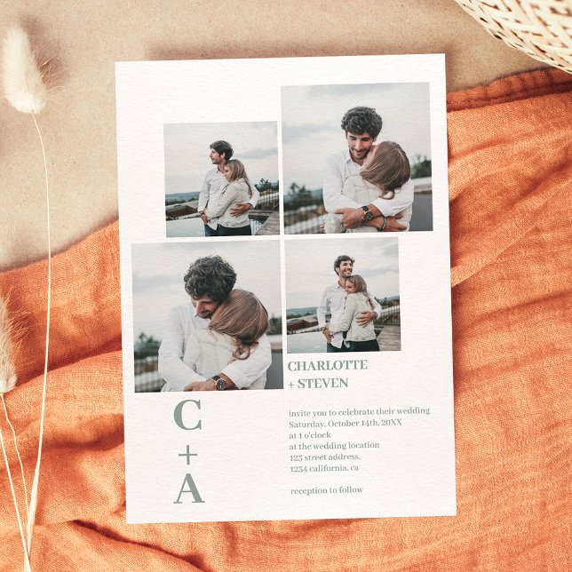 Convite Sage verde de fontes modernas 4 fotos casamento em (Criador carregado)