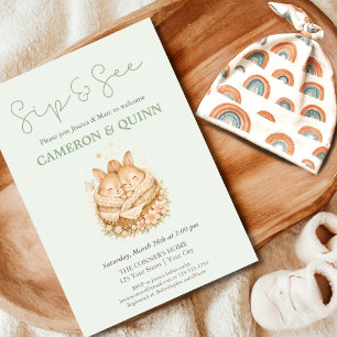 Convite Sage Verde Dois Coelhinhos Gêmeos Bebê Chá de Reve
