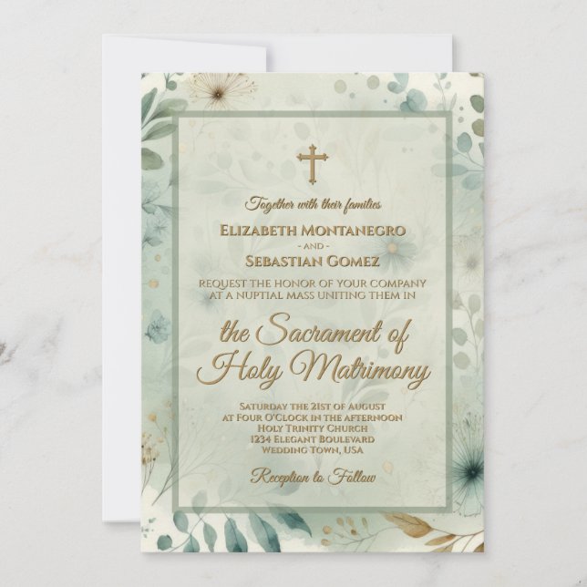 Convite Sage Verde e Dourado Boho Medley Casamento Católic (Frente)