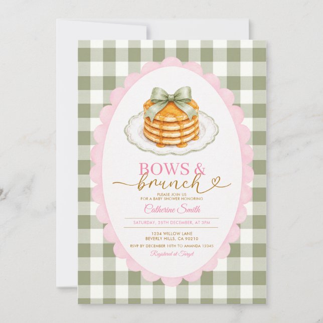 Convite Sage Verde e Laços Rosa e Brunch Chá de Bebê  (Frente)