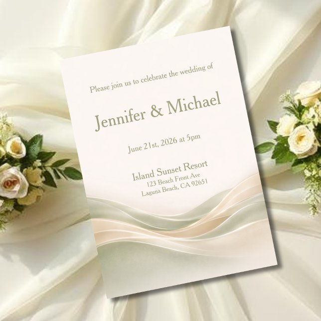 Convite Sage Verde e Marfim Moderno Casamento de Onda (Sage Green and Ivory Modern Wave Wedding Invitation)
