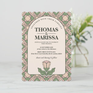 Convite Sage Verde e Rosa Art Nouveau Floral Casamento