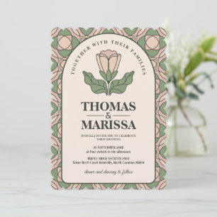 Convite Sage Verde e Rosa Art Nouveau Floral Casamento