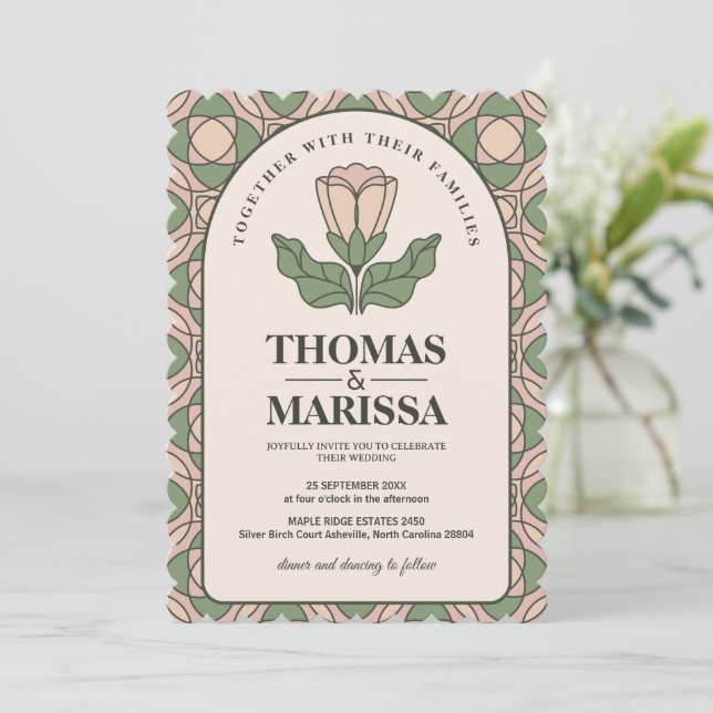 Convite Sage Verde e Rosa Art Nouveau Floral Casamento (Em pé/Frente)