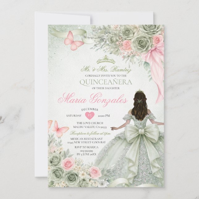 Convite Sage Verde e Rosa Princesa Borboleta Quinceañera (Frente)
