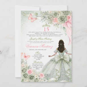 Convite Sage Verde Espanhol e Rosa Princesa Floral 15 Anos