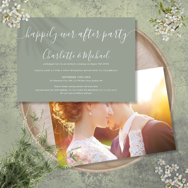 Convite Sage Verde Feliz Para Sempre Após Foto De Casament (Sage Green Happily Ever After Party Wedding Photo Invitation)