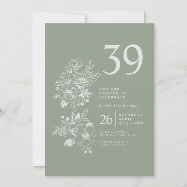 Convite Sage Verde Flor de Campo Botânica Aniversário de 3 (Frente)