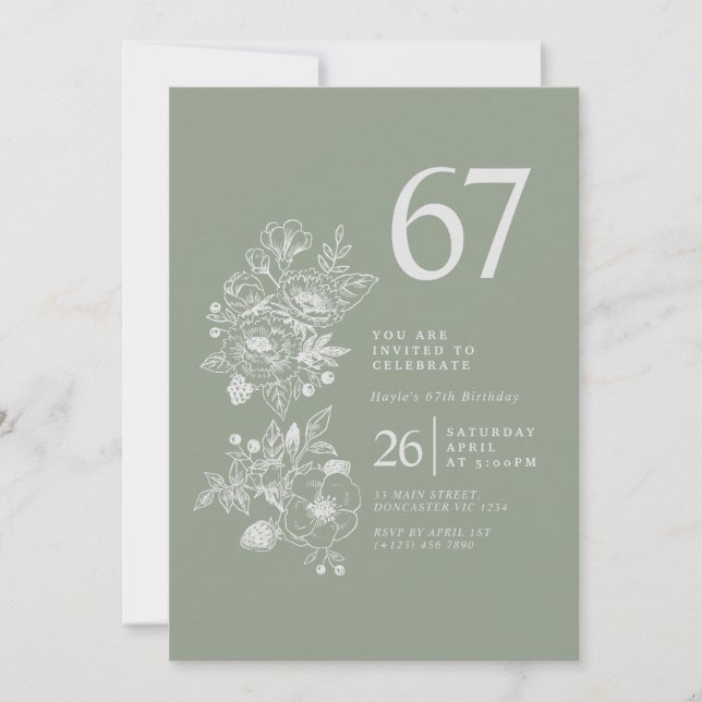 Convite Sage Verde Flor de Campo Botânica Aniversário de 6 (Frente)