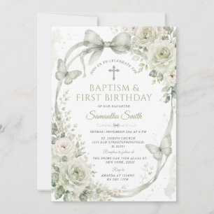 Convite Sage Verde Floral Batismo & 1º Aniversário Borbole