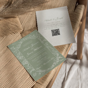 Convite Sage Verde Floral Boho Botânico Código QR Casament