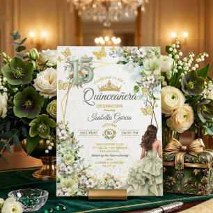 Convite Sage Verde Floral Borboletas Douradas Quinceañera