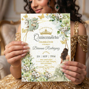 Convite Sage Verde Floral Borboletas Douradas Quinceañera