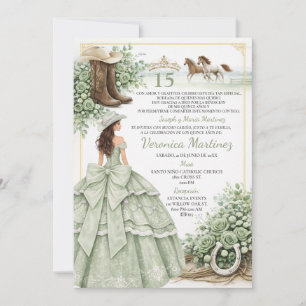 Convite Sage Verde Floral Charro Princesa 15 Anos Espanhol