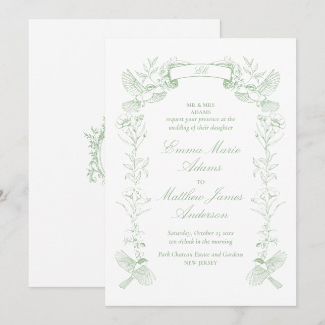 Convite Sage Verde Floral Chinoiserie Casamento (Frente/Verso)