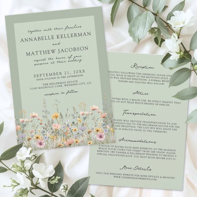 Convite Sage Verde Floral de Flores Silvestres Casamento T (Sage Green Wildflower Floral Wedding All In One Invitation)
