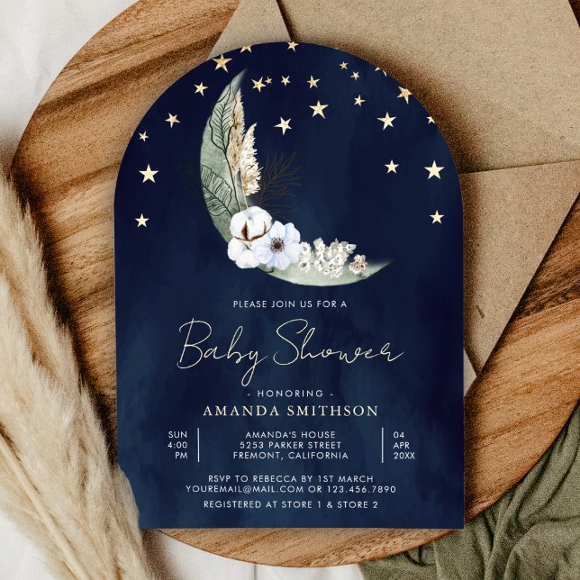 Convite Sage Verde Floral Lua Azul Marinho Arco Chá de Beb (Criador carregado)