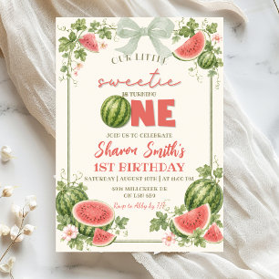 Convite Sage Verde Floral Melancia Primeiro Aniversário