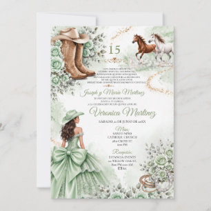 Convite Sage Verde Floral Princesa Ocidental 15 Anos