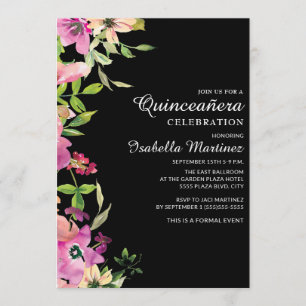 Convite Sage Verde Floral Rosa Folhas Pretas Quinceañera