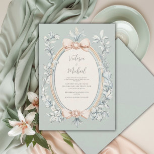 Convite Sage Verde Folhagem Pêssego Moldura Casamento Vint