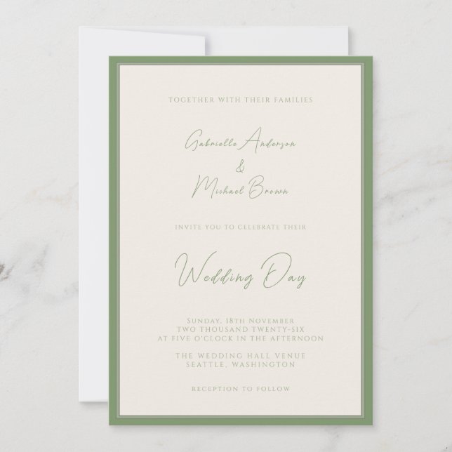 Convite Sage Verde Marfim Casamento Simples Tradicional  (Frente)
