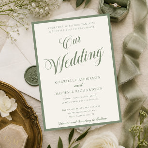 Convite Sage Verde & Marfim Elegante Script Nosso Casament