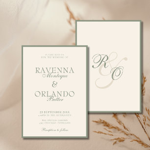 Convite Sage Verde Marfim Monograma Glam Casamento de Di