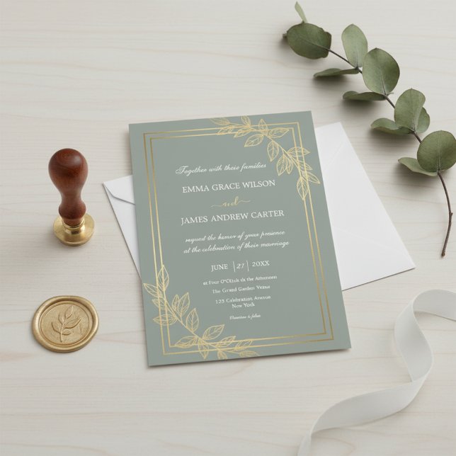 Convite Sage Verde Moderno e Elegante Folha de Ouro Botâni (Criador carregado)