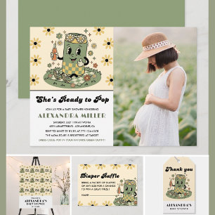 Convite Sage Verde Moderno Groovy Daisy Foto Pronta para E