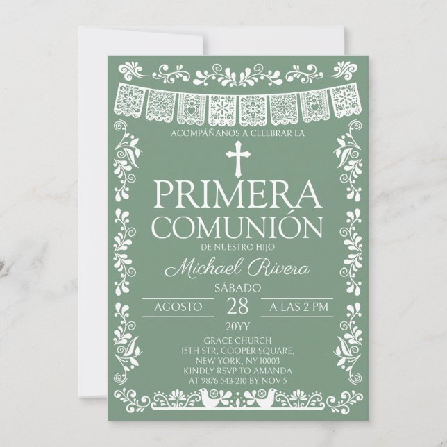 Convite Sage Verde Papel Picado Primeira Comunhão (Frente)