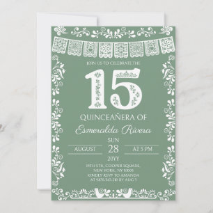 Convite Sage Verde Papel Picado Quinceañera 15º Aniversári