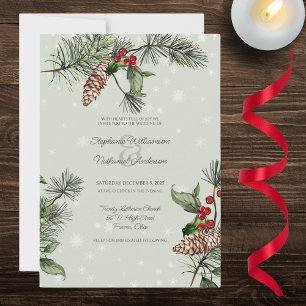 Convite Sage Verde Pinheiro e Azevinho na Neve Casamento