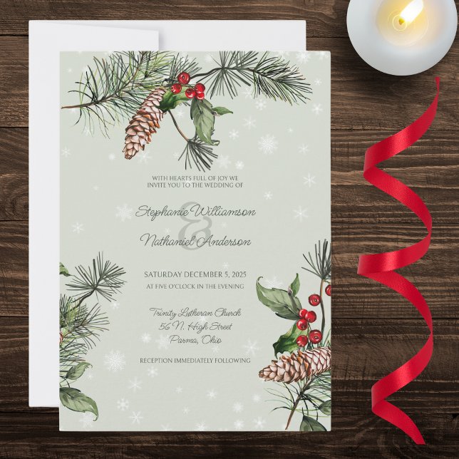 Convite Sage Verde Pinheiro e Azevinho na Neve Casamento (Criador carregado)
