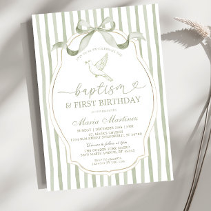 Convite Sage Verde Pombo Batismo Primeiro Aniversário