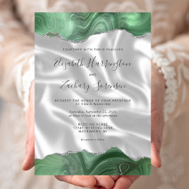 Convite Sage Verde Prata Ágata Branco Seda Casamento
