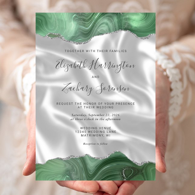 Convite Sage Verde Prata Ágata Branco Seda Casamento (Criador carregado)