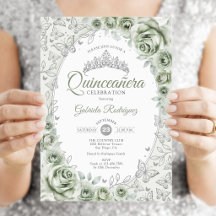 Sage Verde Prata Floral Quinceanera