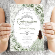 Sage Verde Prata Floral Quinceanera