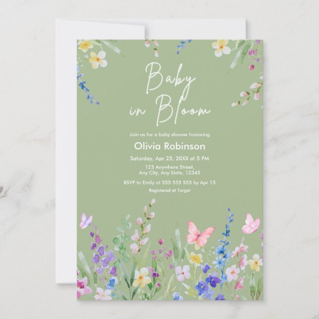 Convite Sage Verde Primavera Bebê em Flor Baby Shower  (Frente)
