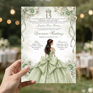Convite Sage Verde Princesa Espanhola Quinceañera 15 Anos