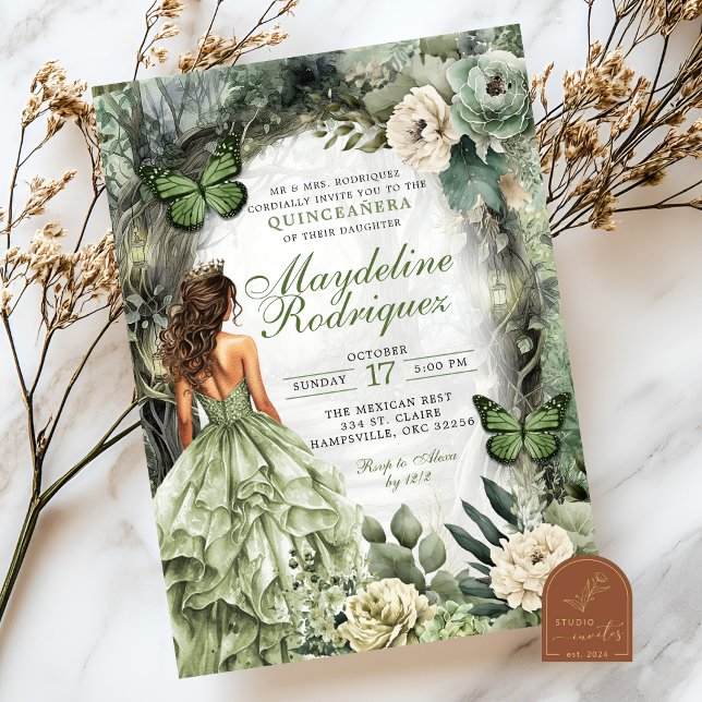 Convite Sage Verde Quinceanera Floresta Caprichosa (Criador carregado)
