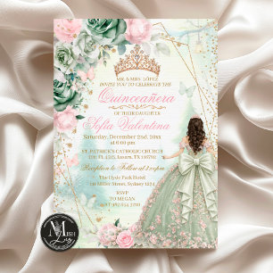 Convite Sage Verde Rosa Corado Quinceañera Floresta Capric