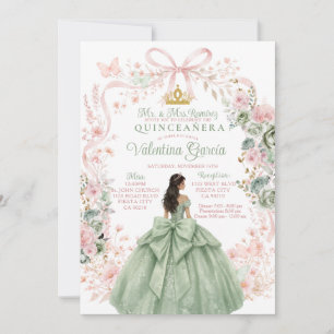 Convite Sage Verde Rosa Floral Dourada Princesa Quinceañer