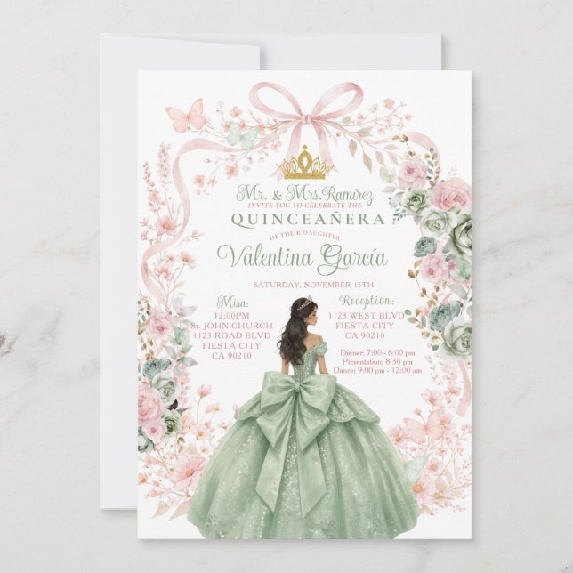 Convite Sage Verde Rosa Floral Dourada Princesa Quinceañer (Frente)