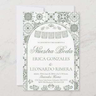 Convite Sage Verde Talavera Papel Picado Casamento Espanho