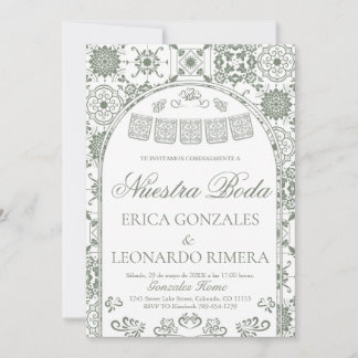 Convite Sage Verde Talavera Papel Picado Casamento Espanho