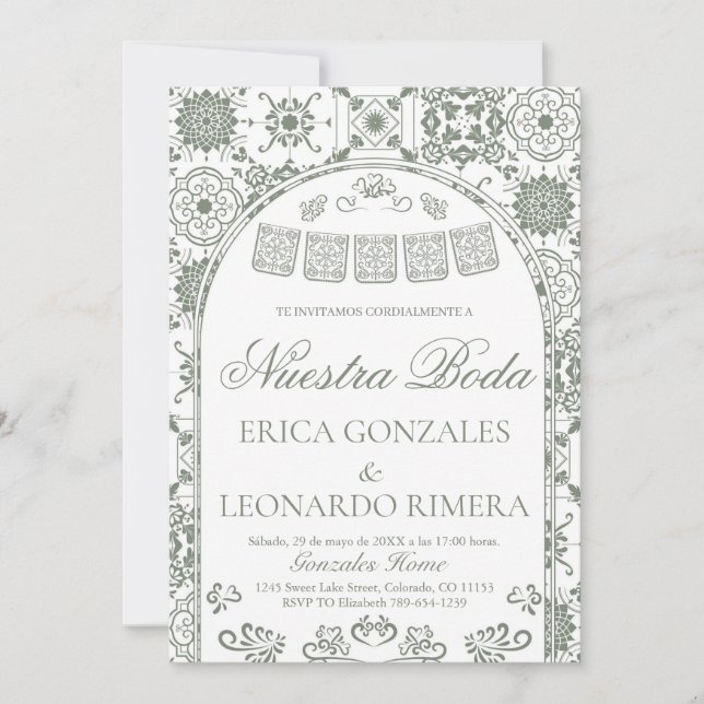 Convite Sage Verde Talavera Papel Picado Casamento Espanho (Frente)