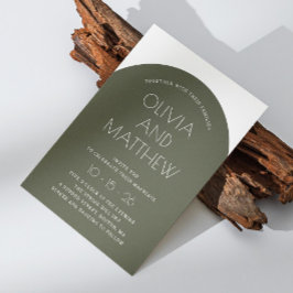 Convite Sage verde tipografia moderna arco casamento + QR