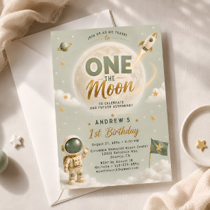 Convite Sage Verde Um Festa de Aniversário na Lua Astronau
